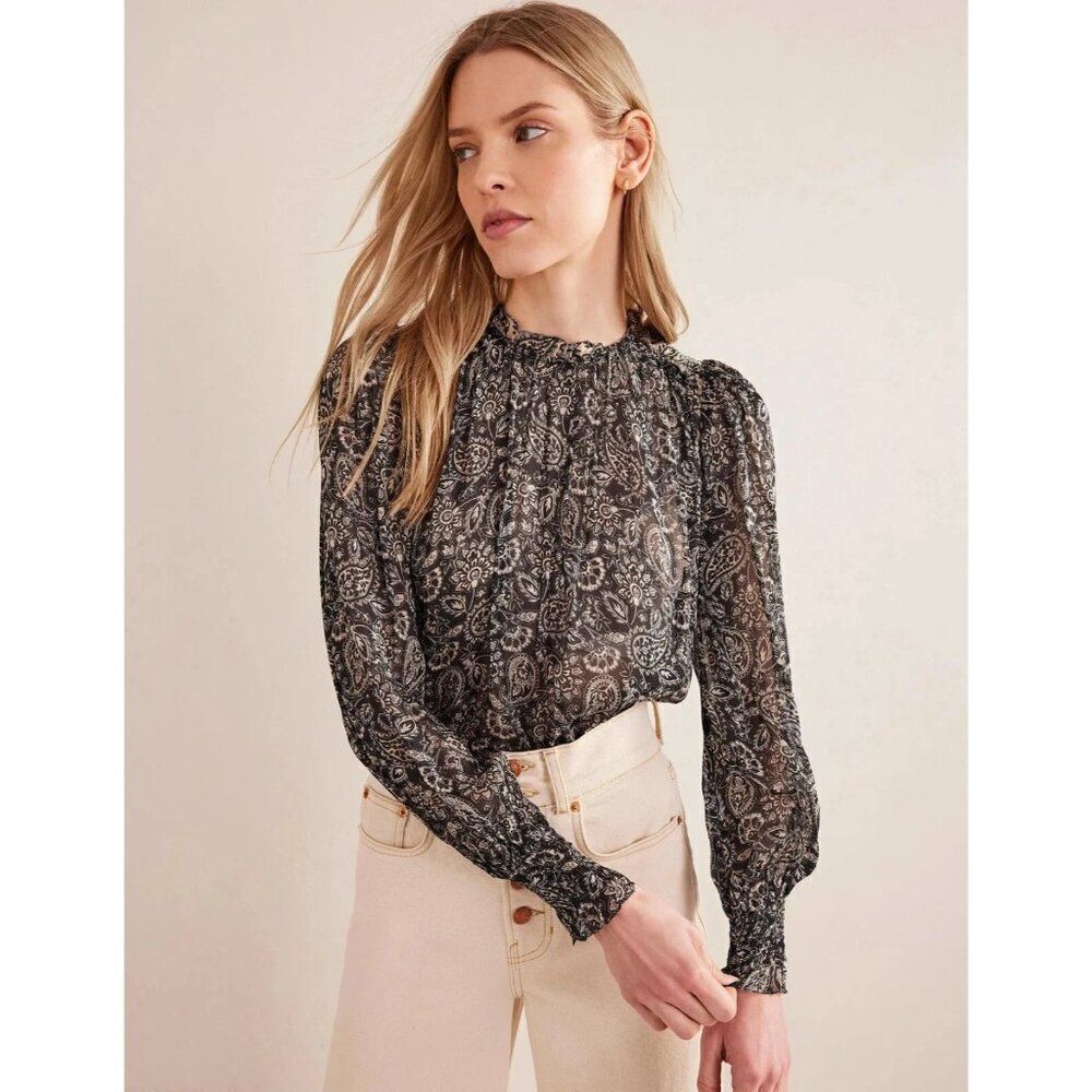 Boden Womens Swing Top UK 14 US 10 Black Paisley Ruffled Cottagecore T1231 NWT